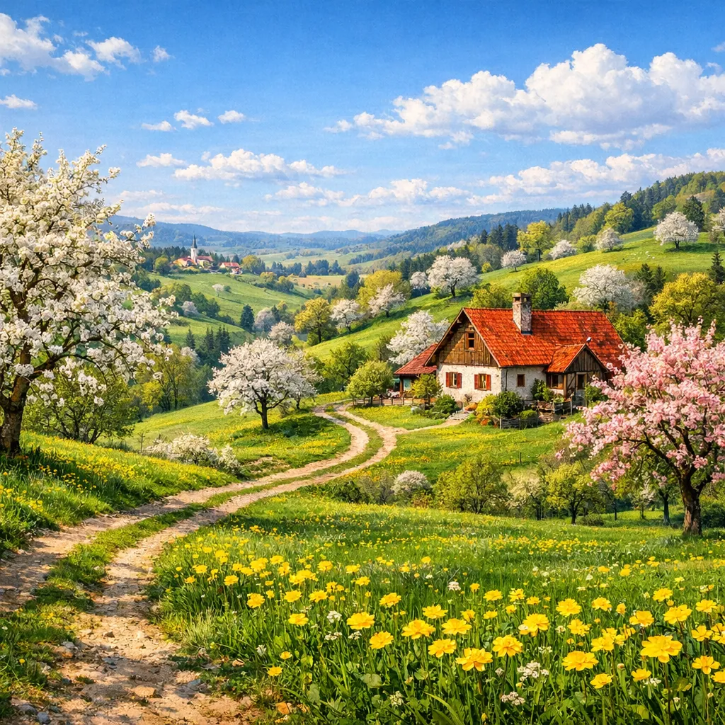 This online jigsaw puzzle features a serene springtime countryside scene, perfect for nature lovers who enjoy pastoral landscapes.