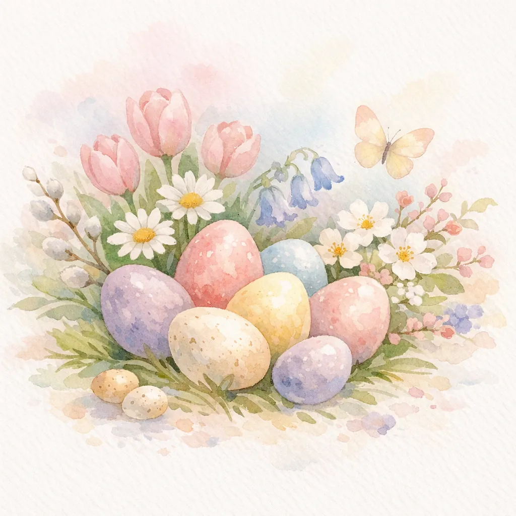 Enjoy an online jigsaw puzzle designed for browser play, featuring a gentle springtime scene of pastel Easter eggs and blooming flowers.