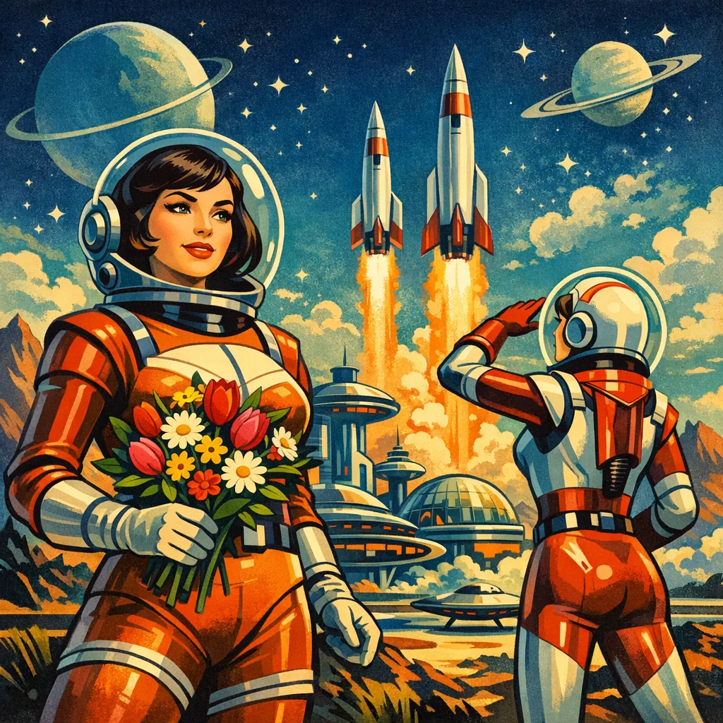 This online jigsaw puzzle features a retro-futuristic space scene full of warm colors and vintage charm, perfect for browser play.