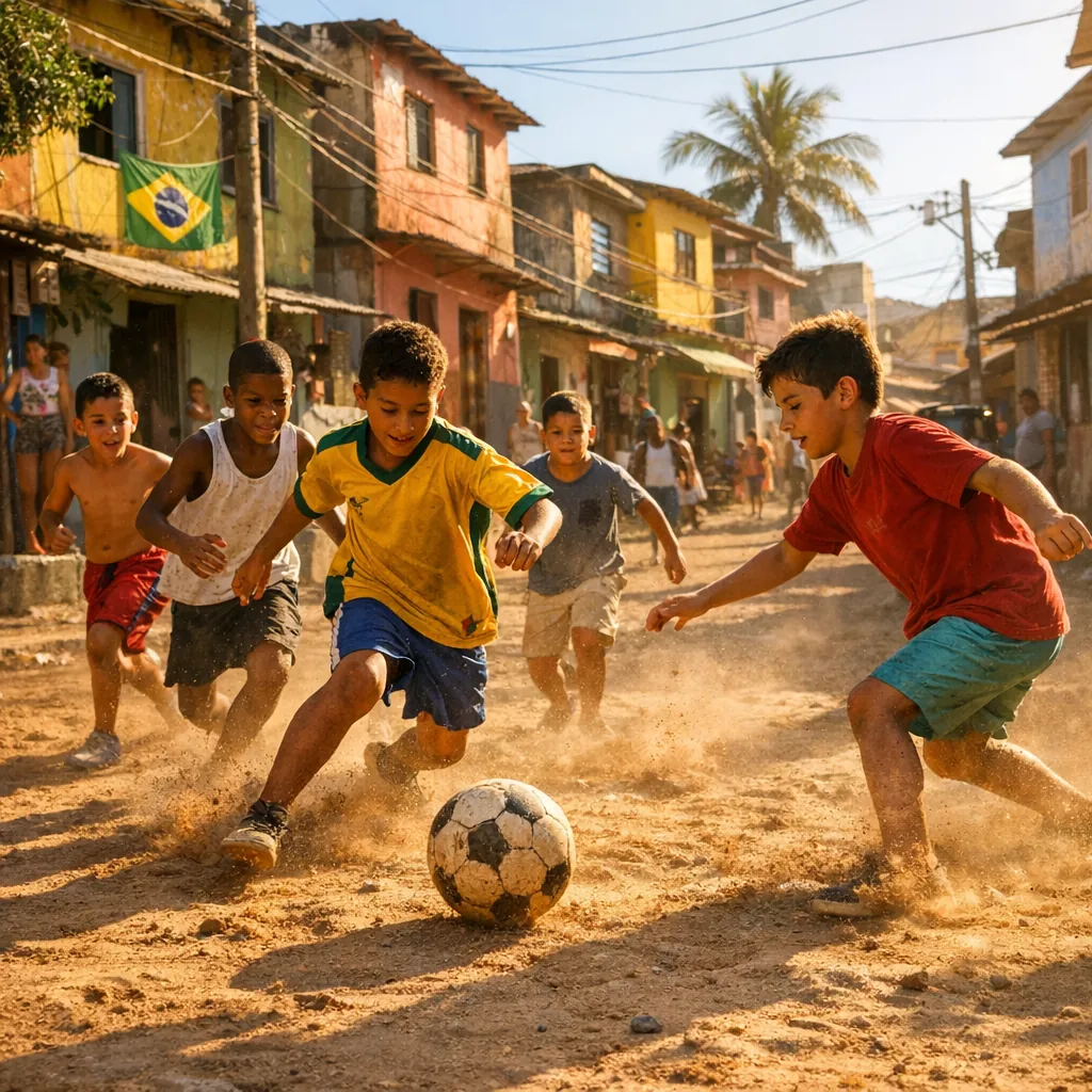 Play an online jigsaw puzzle in your browser that shows a lively street soccer scene full of youthful energy and neighborhood charm, centered on kids chasing a