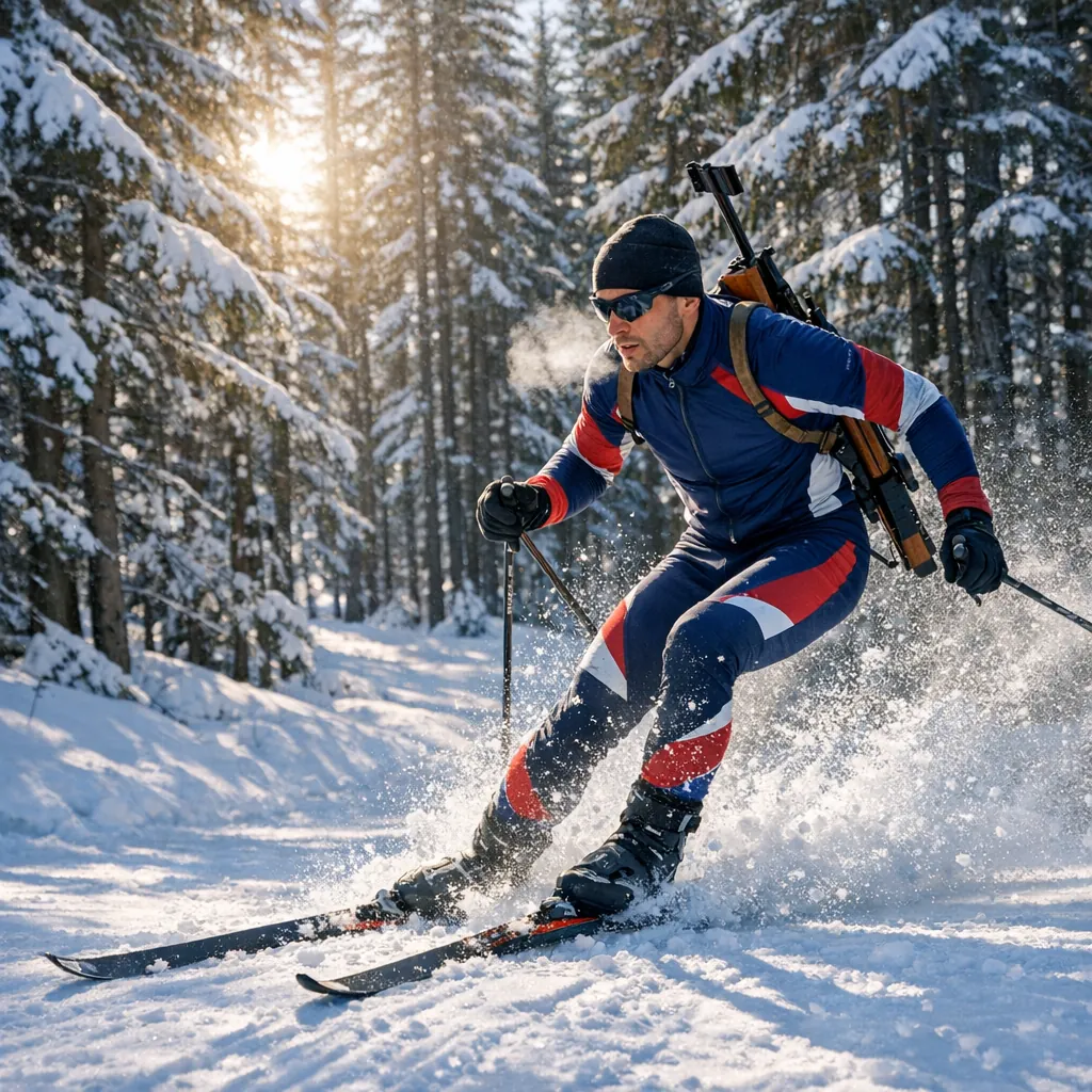 Enjoy an online jigsaw puzzle designed for browser play, featuring a dynamic winter sports scene set in a snowy forest.