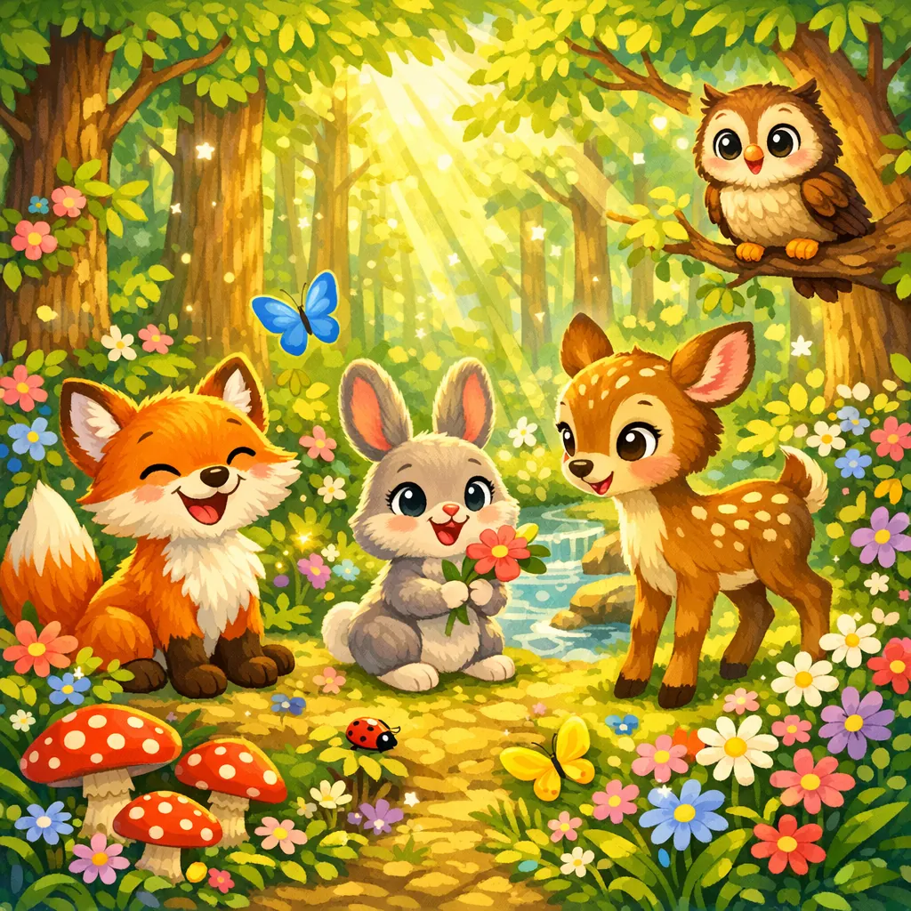 Enjoy an online jigsaw puzzle designed for browser play, featuring adorable woodland animals in a vibrant nature scene.