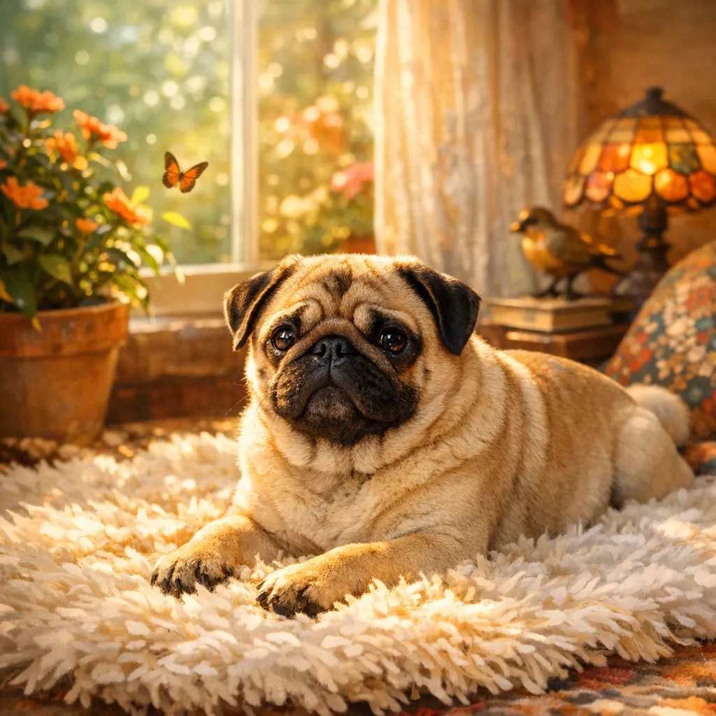 This online jigsaw puzzle features a cozy pet scene you can play right in your browser, centered on a sweet pug lounging indoors.