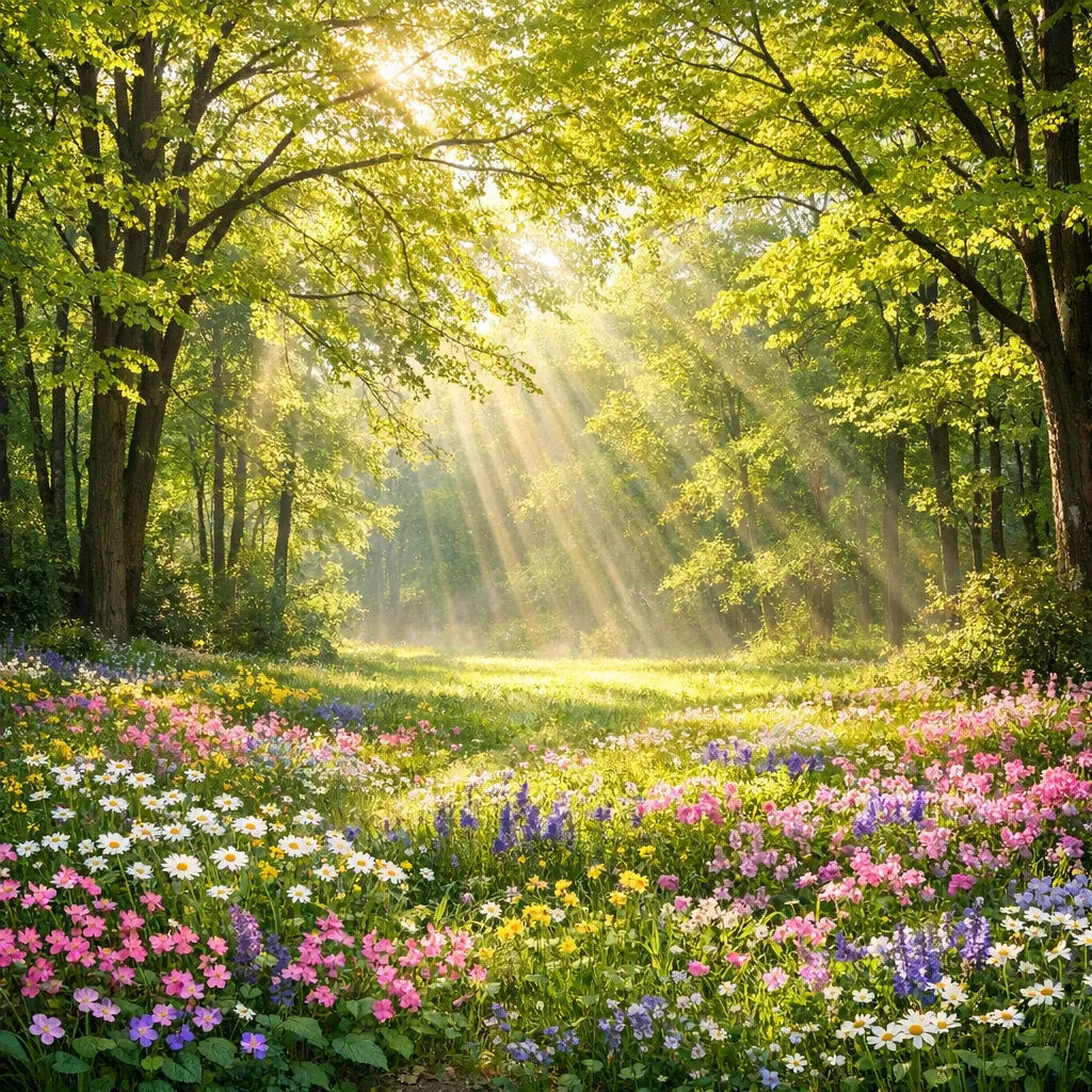 Enjoy an online jigsaw puzzle designed for browser play, featuring a sunlit woodland meadow bursting with colorful wildflowers and leafy trees.