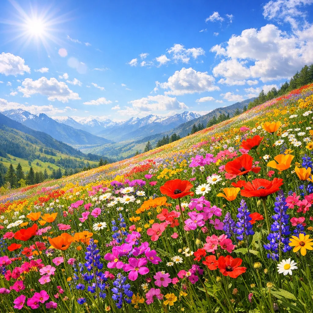 Play an online jigsaw puzzle in your browser that shows a vibrant wildflower meadow spilling down a sunlit hillside — a beautiful nature scene full of color and