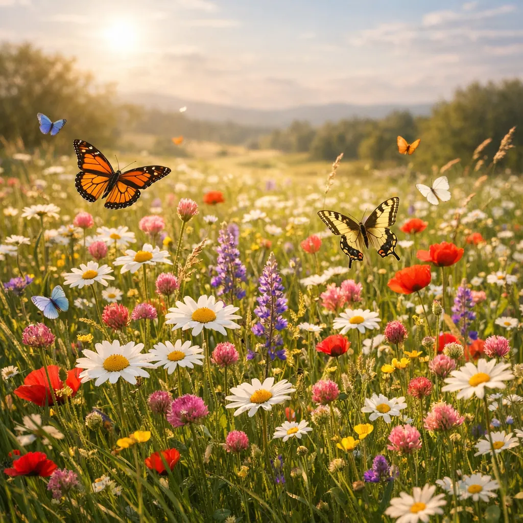 Enjoy an online jigsaw puzzle designed for browser play, featuring a sunlit wildflower meadow alive with butterflies and blooms.