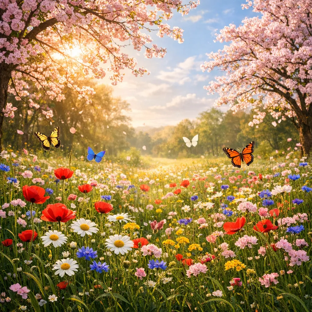 Enjoy an online jigsaw puzzle designed for browser play, featuring a sunlit meadow full of wildflowers and butterflies — a gentle nature scene perfect for a cal