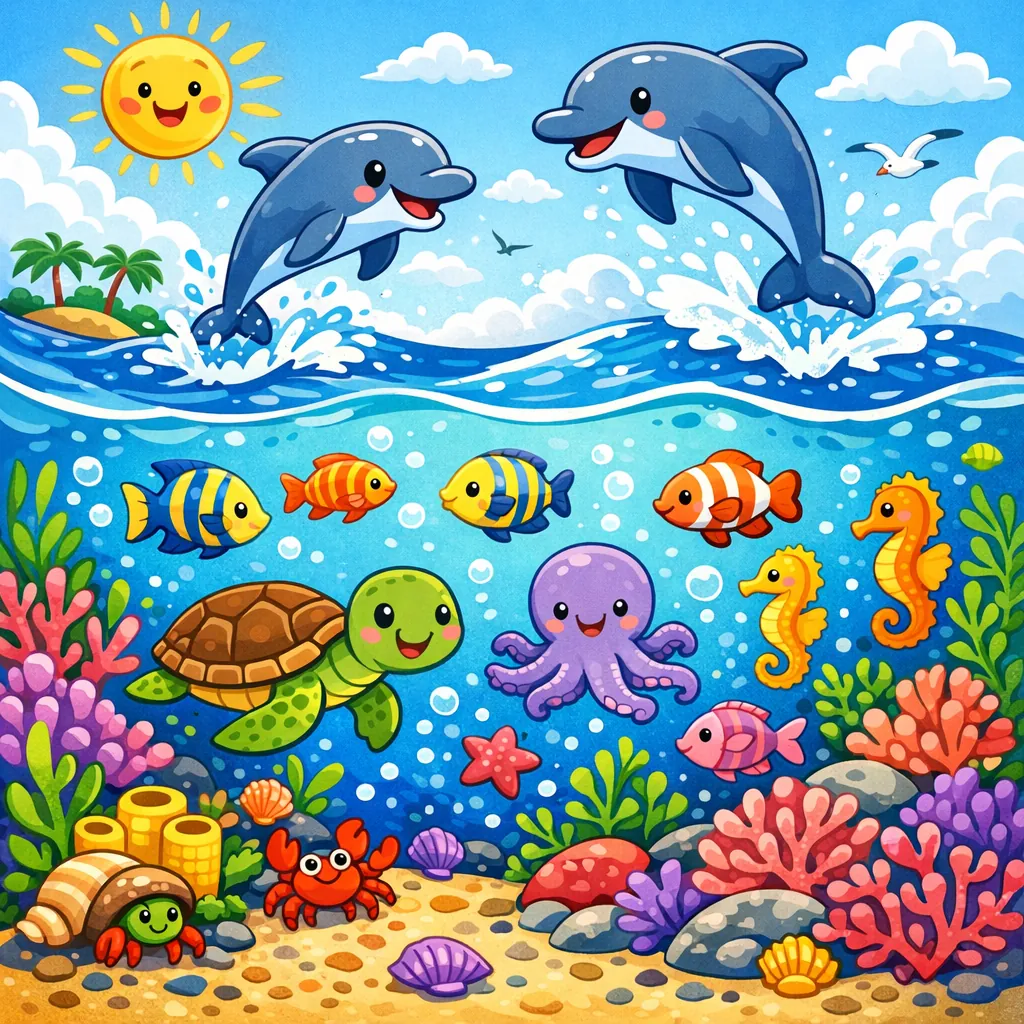 Enjoy an online jigsaw puzzle designed for browser play, featuring a cheerful undersea scene filled with friendly marine animals and bright coral reefs.