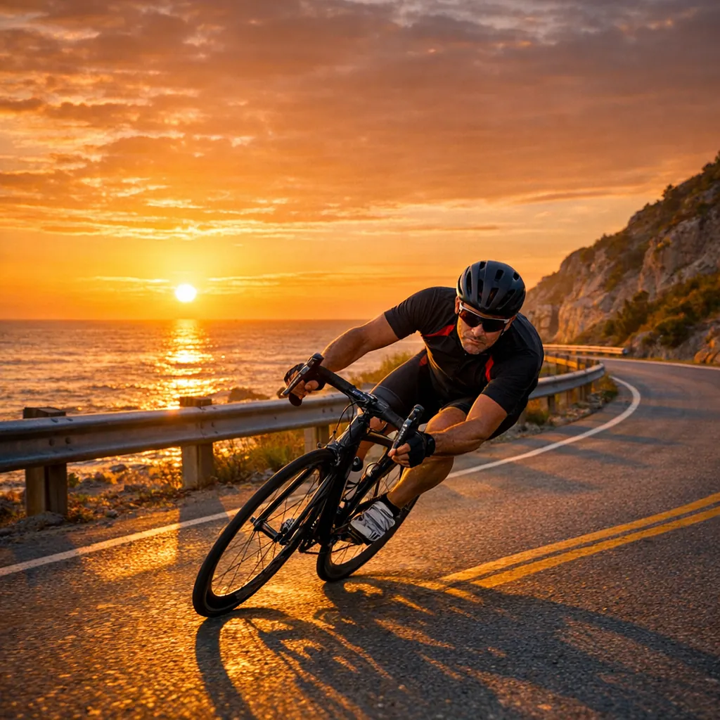 Enjoy an online jigsaw puzzle designed for browser play, featuring an active coastal cycling scene at sunset that blends sport and landscape.