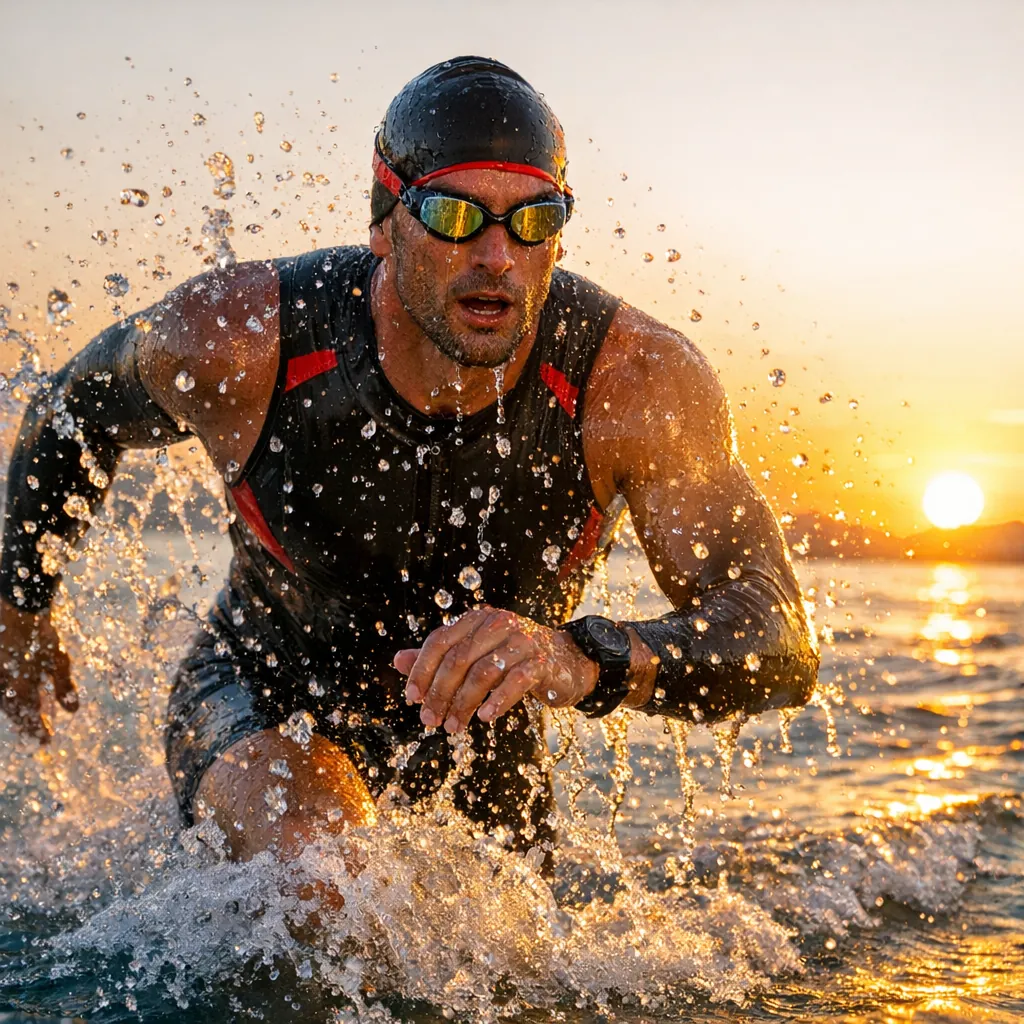 Enjoy an online jigsaw puzzle designed for browser play, featuring an athletic swimmer bursting from the water at sunset—perfect for fans of sports and nature s