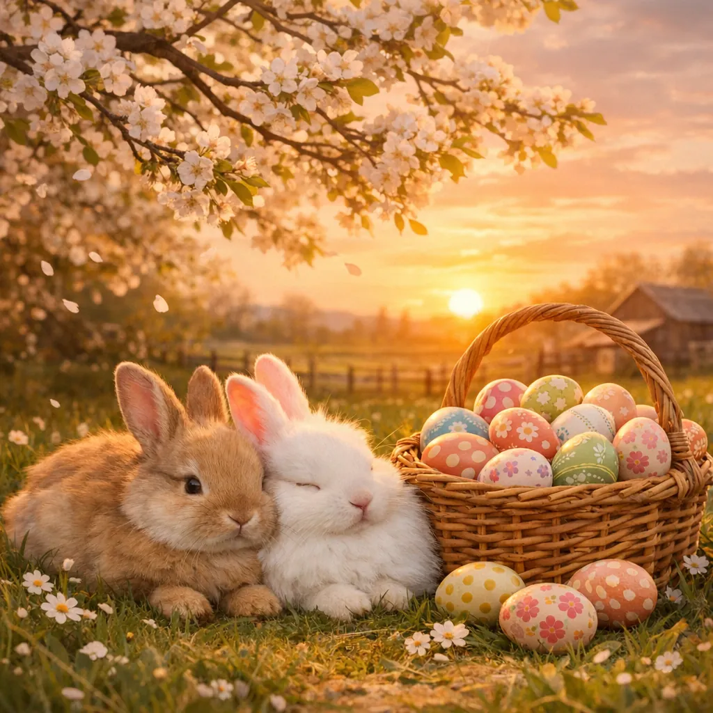 Enjoy an online jigsaw puzzle designed for browser play, featuring sweet bunnies and a basket of colorful Easter eggs set in a springtime meadow.