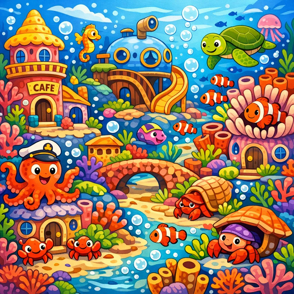 Enjoy an online jigsaw puzzle designed for browser play, featuring a whimsical underwater scene full of playful sea animals and bright coral homes.