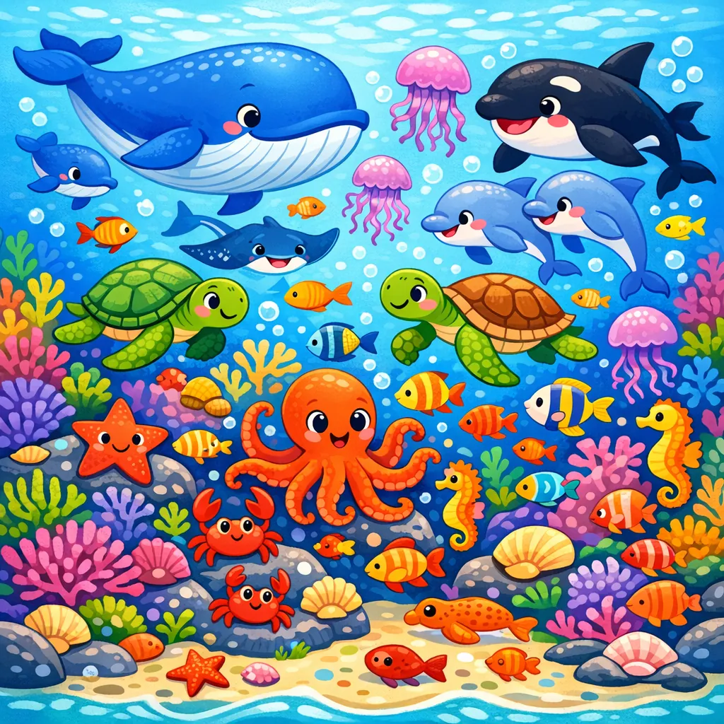 Enjoy an online jigsaw puzzle designed for browser play, featuring a cheerful underwater world teeming with friendly sea creatures.