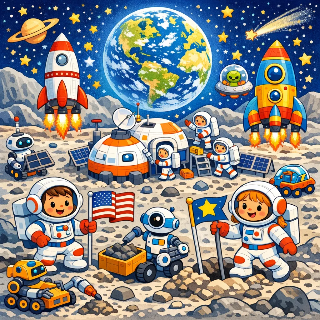 Enjoy an online jigsaw puzzle designed for browser play, featuring a cheerful space exploration scene full of rockets, astronauts, and friendly robots.