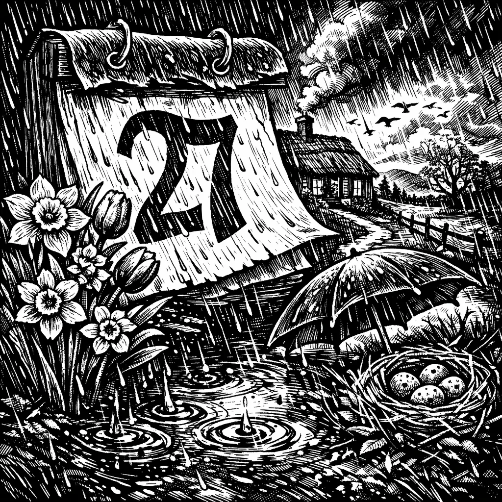 Enjoy an online jigsaw puzzle designed for browser play, featuring a charming rainy-day nature scene with spring flowers and a cozy cottage.