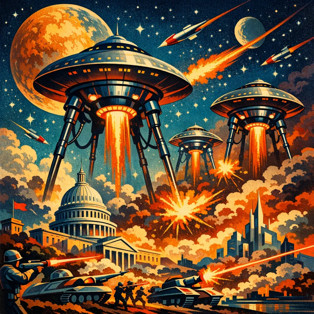 This online jigsaw puzzle features a retro sci‑fi invasion scene that blends space and city themes into a dramatic artwork you can play in your browser.