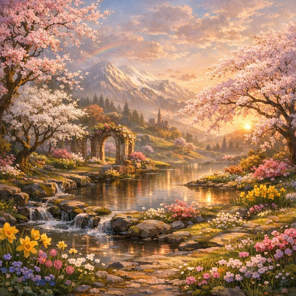 Enjoy an online jigsaw puzzle designed for browser play, featuring a dreamy spring landscape full of nature and floral beauty.