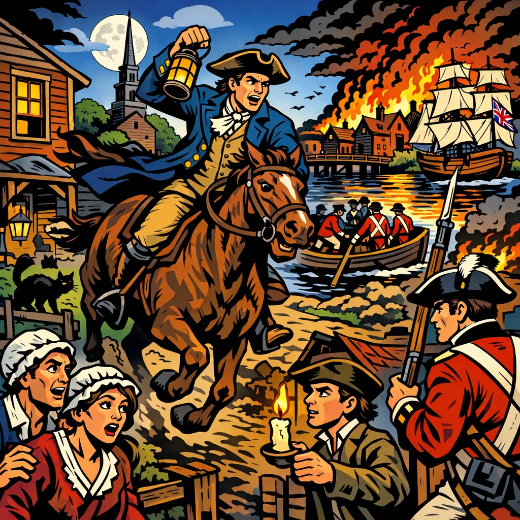 Enjoy an online jigsaw puzzle designed for browser play, featuring a dramatic historical night scene of riders, townsfolk, and a burning harbor.