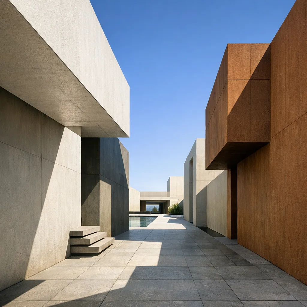 Enjoy an online jigsaw puzzle designed for browser play, featuring minimalist modern architecture with bold geometric shapes.