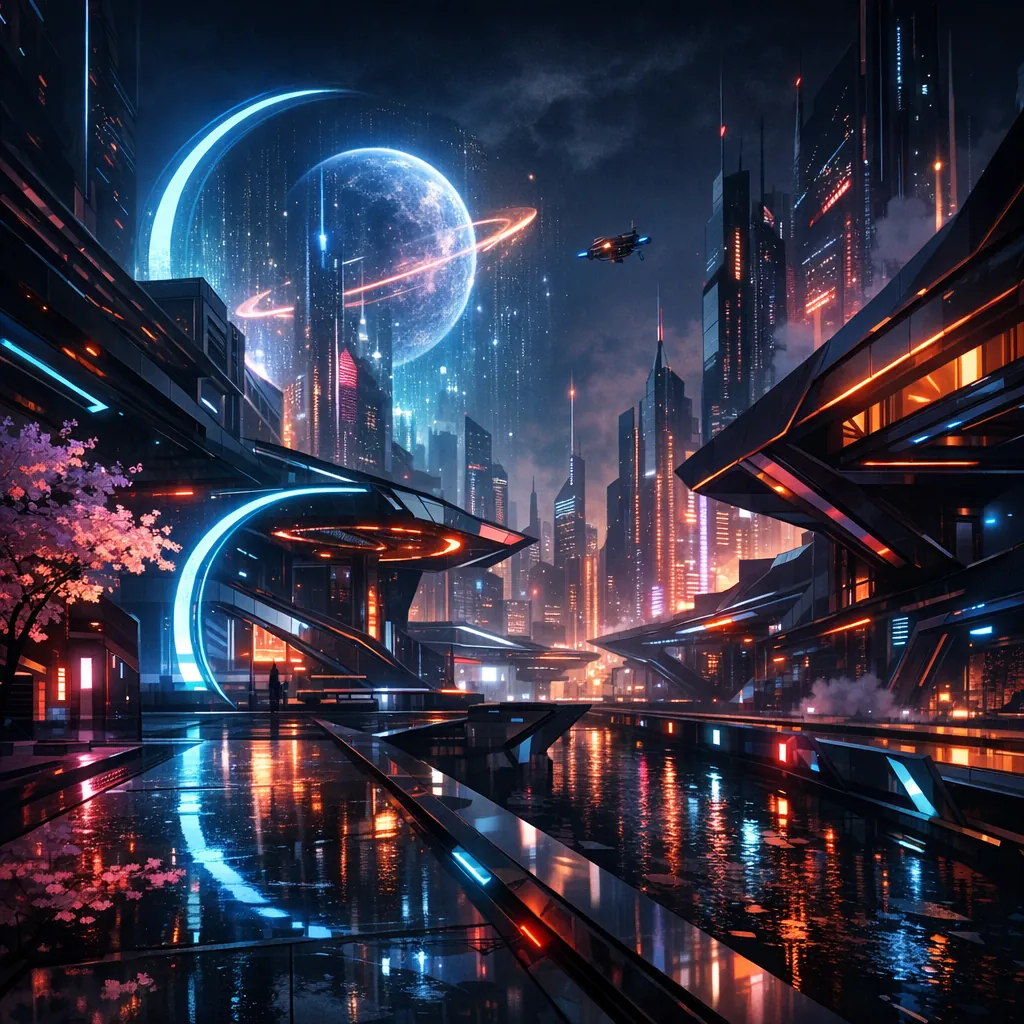Enjoy an online jigsaw puzzle designed for browser play, featuring a neon-lit futuristic cityscape that blends sci‑fi architecture and urban nightscape.
