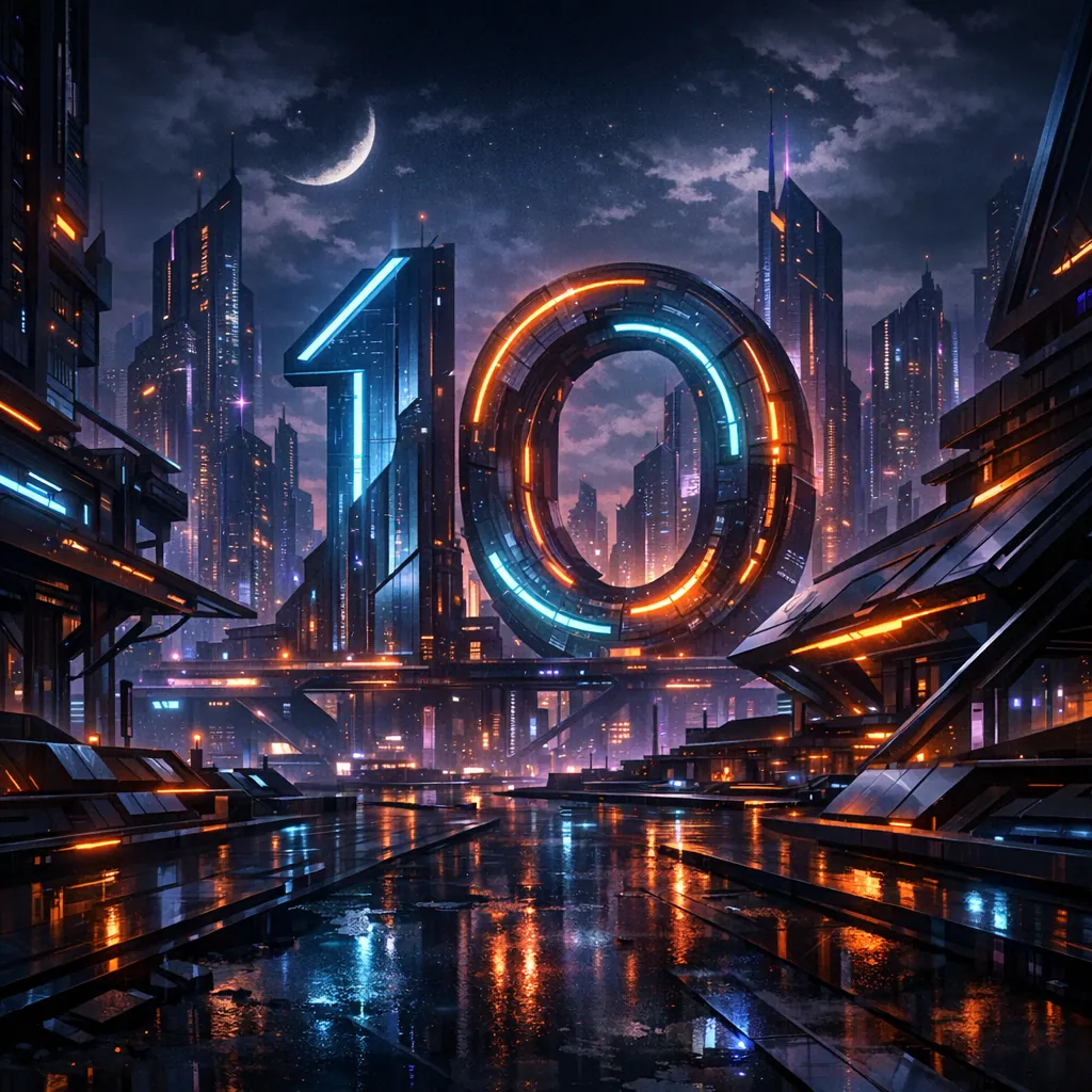 Enjoy an online jigsaw puzzle designed for browser play, featuring a neon-lit futuristic cityscape with a bold "10" sculpted into the skyline — a striking sci-f