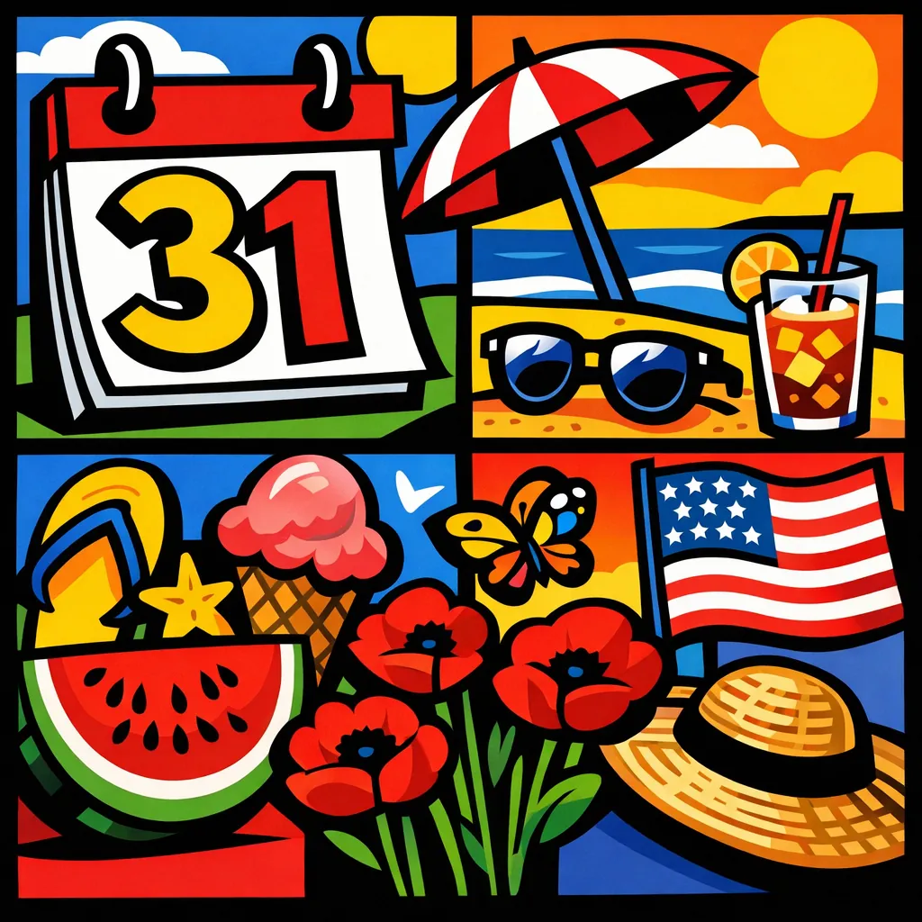 Enjoy an online jigsaw puzzle designed for browser play, featuring a bright, pop-art summer collage full of seasonal icons.