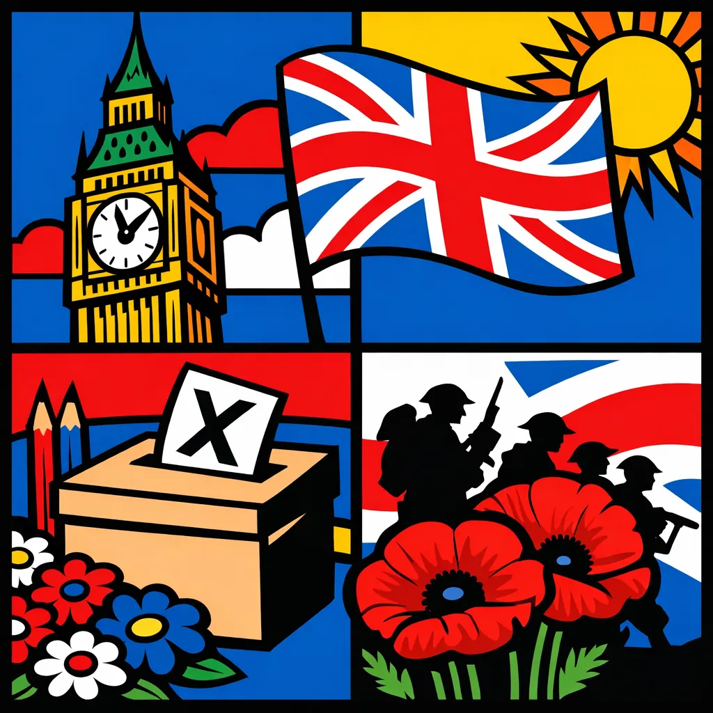 Enjoy an online jigsaw puzzle designed for browser play, featuring a bold, patriotic collage tied to British themes.