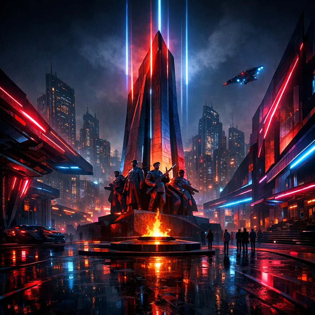 Enjoy an online jigsaw puzzle designed for browser play, featuring a dramatic futuristic cityscape with a bold monument at its center.