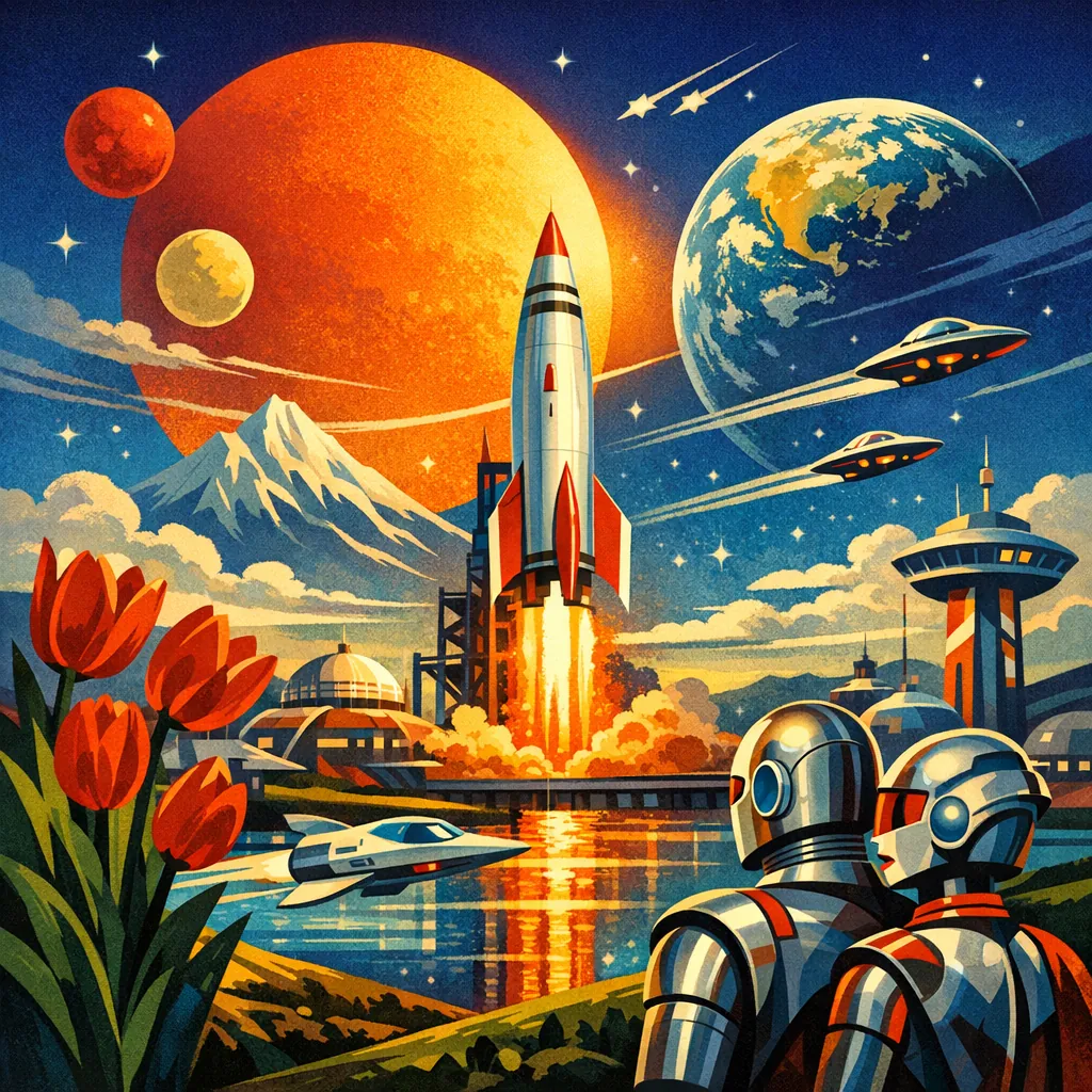 Enjoy an online jigsaw puzzle designed for browser play, featuring a vibrant retro‑futuristic space scene.