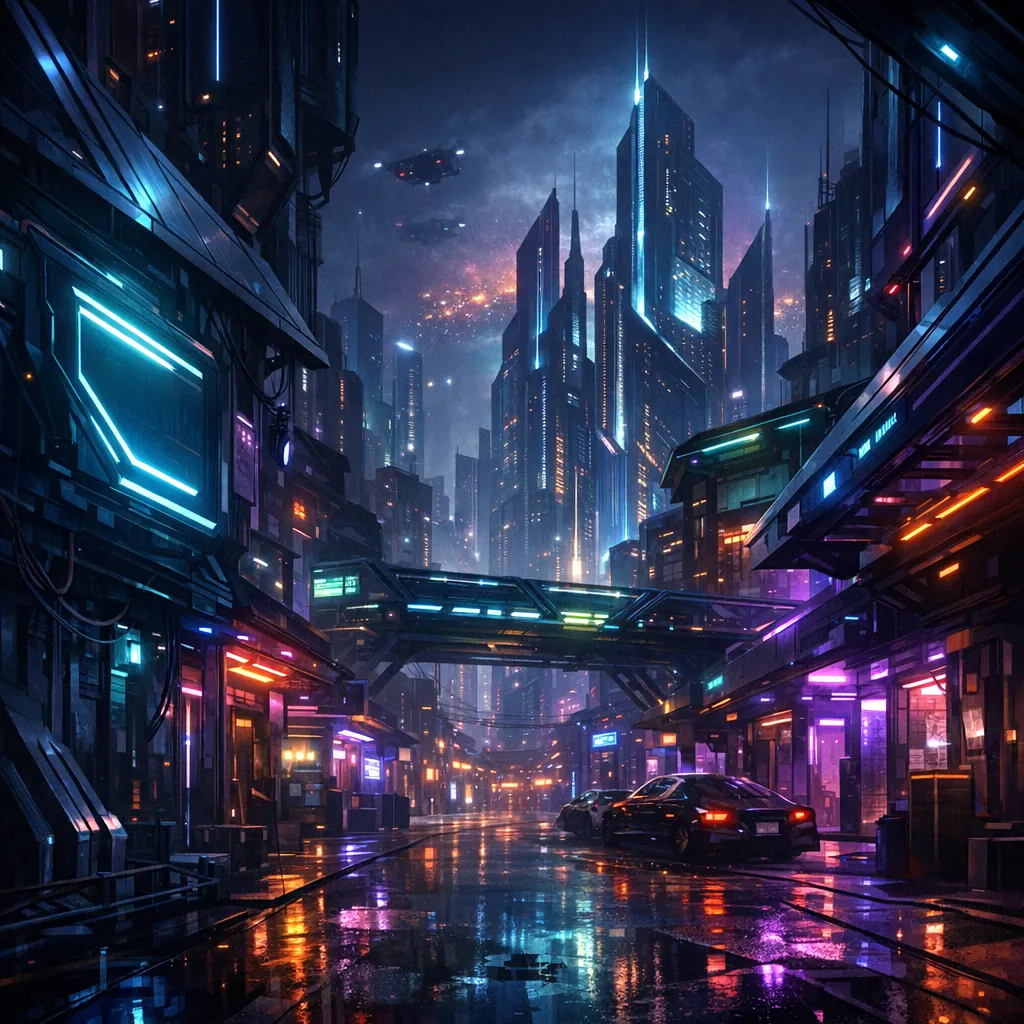 Enjoy an online jigsaw puzzle designed for browser play, featuring a neon-lit futuristic cityscape that leans into cyberpunk and sci-fi themes.