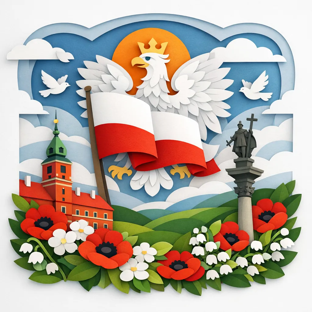 This online jigsaw puzzle features a colorful, paper-cut style scene celebrating national landmarks and nature, perfect to play in your browser.