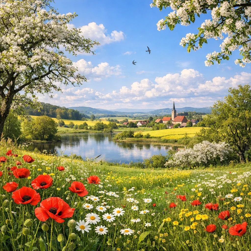 Enjoy an online jigsaw puzzle designed for browser play, featuring a serene springtime countryside scene full of nature.