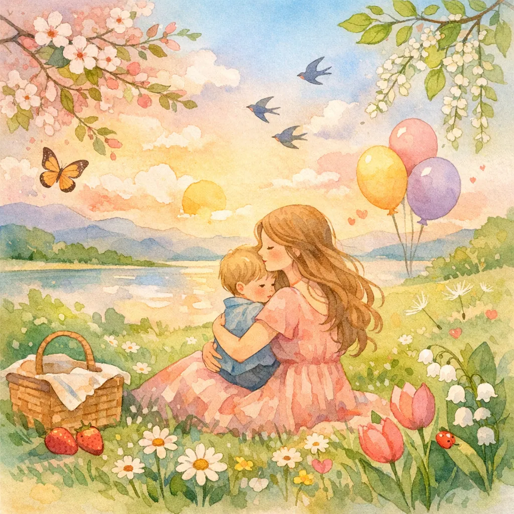 Enjoy an online jigsaw puzzle designed for browser play, featuring a tender family moment set in a sunlit nature scene.