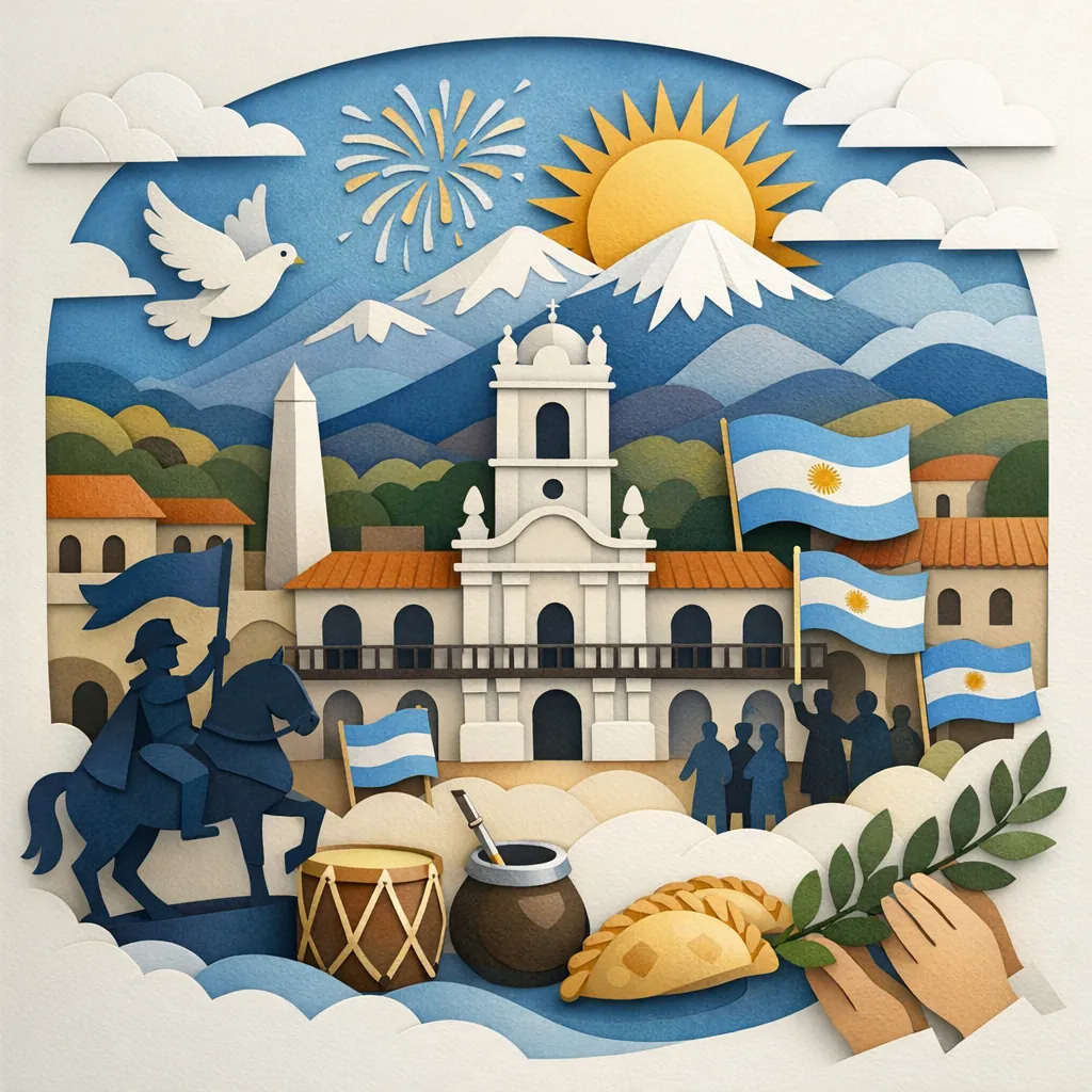 This online jigsaw puzzle features a warm, papercut-style celebration scene inspired by Argentine culture and landscapes, perfect for playing in your browser.