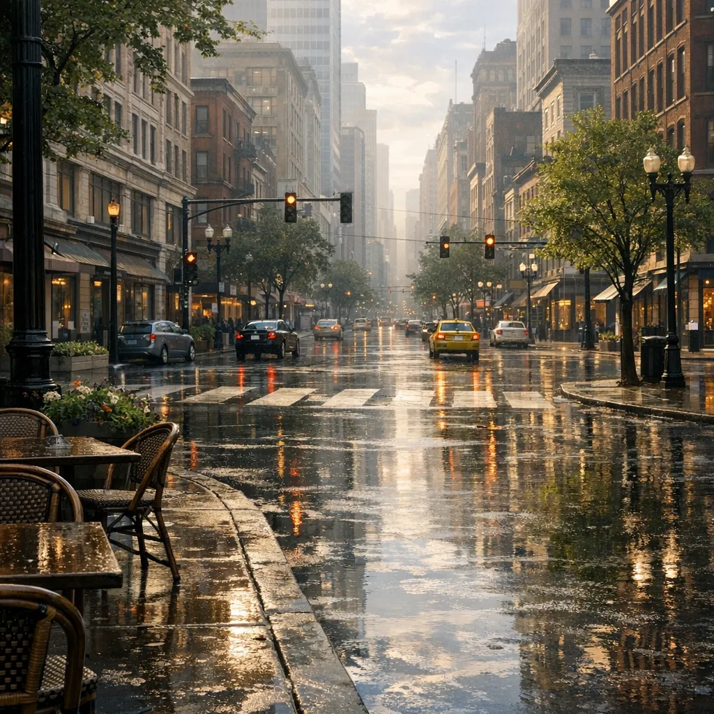 Enjoy an online jigsaw puzzle designed for browser play, featuring a rain‑glossed city street scene full of urban charm and reflective light.