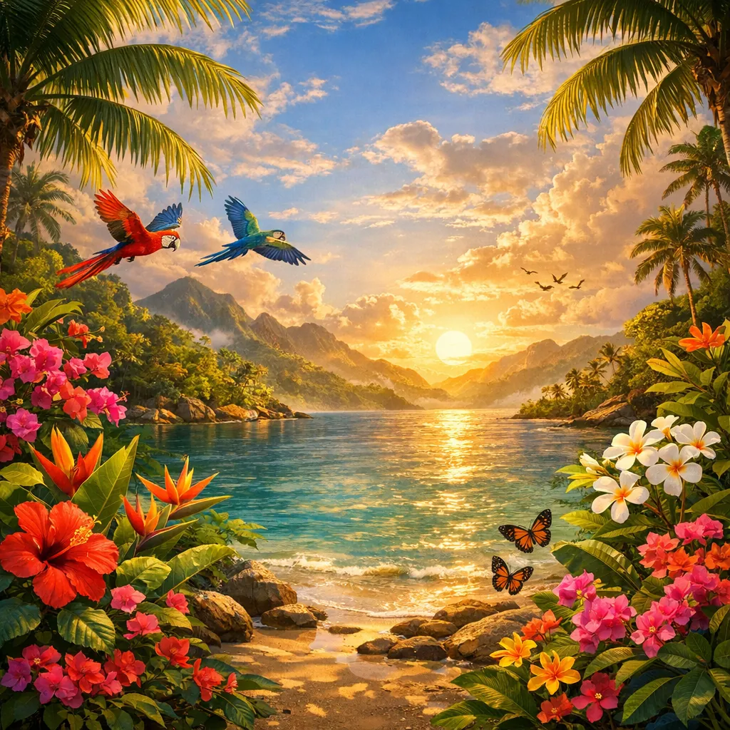 Enjoy an online jigsaw puzzle designed for browser play, featuring a lush tropical seaside scene alive with vibrant flora and exotic birds.