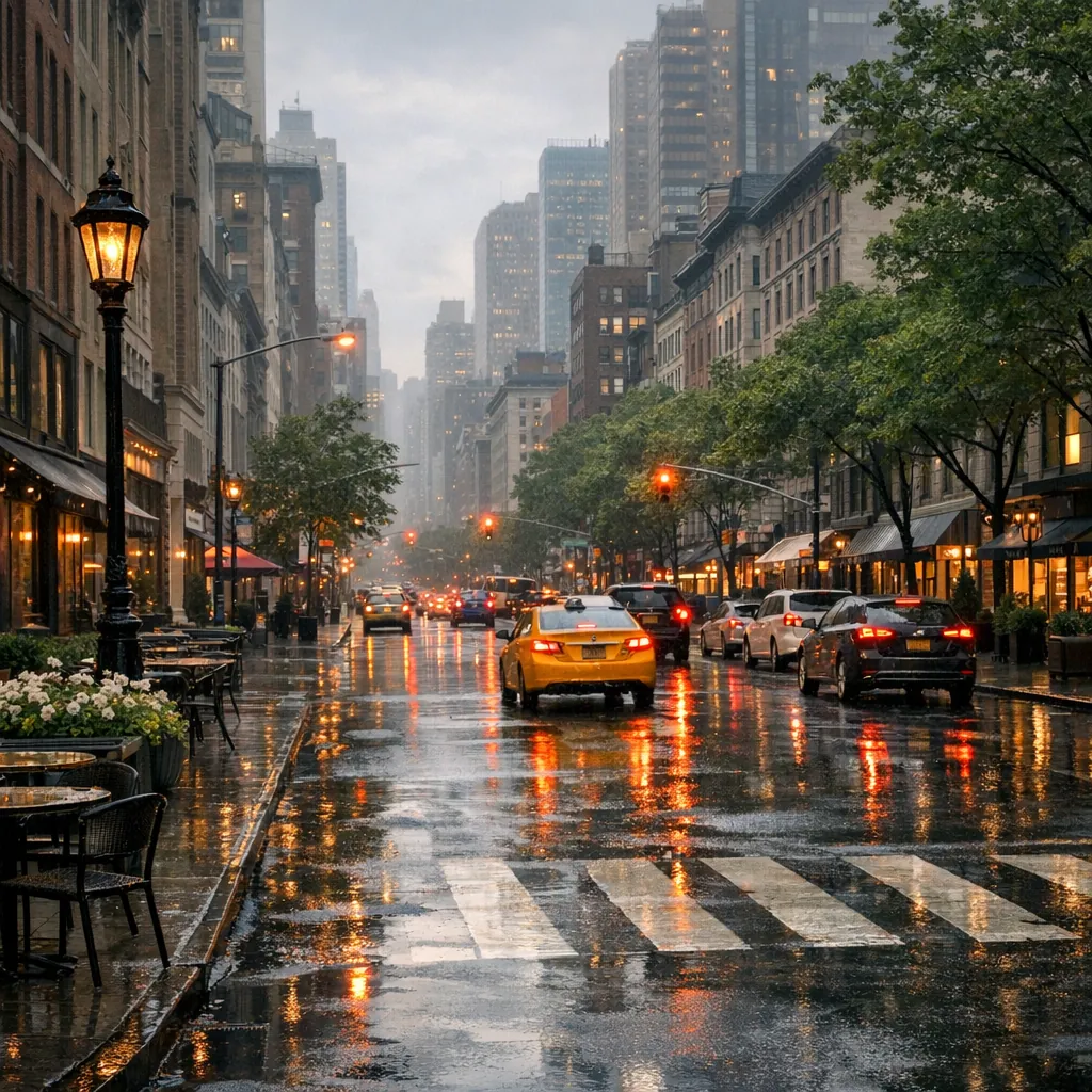 Enjoy an online jigsaw puzzle designed for browser play, featuring a rainy city street scene alive with evening lights and urban charm.