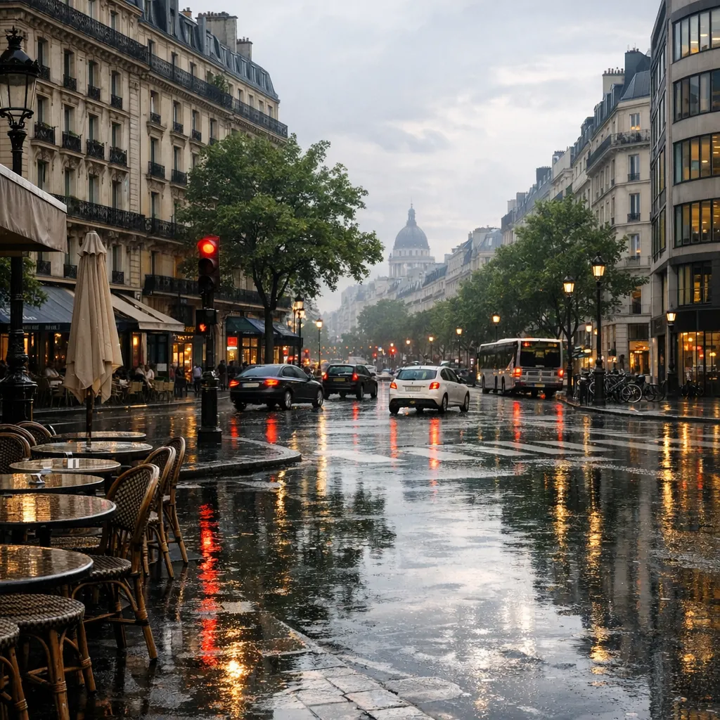 Enjoy an online jigsaw puzzle designed for browser play, featuring a rainy city street scene with cozy cafés and classic architecture.