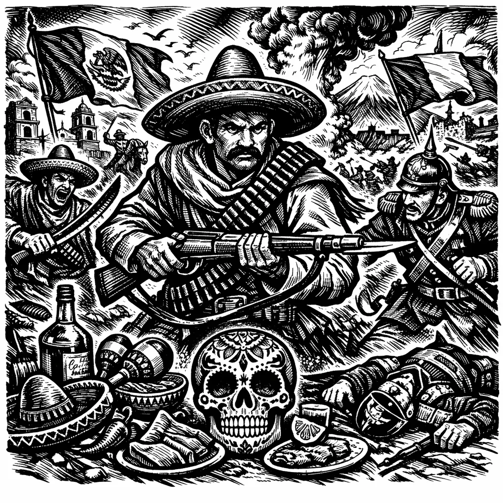 Enjoy an online jigsaw puzzle designed for browser play, featuring a dramatic black-and-white historical scene that blends war, culture, and folk art.