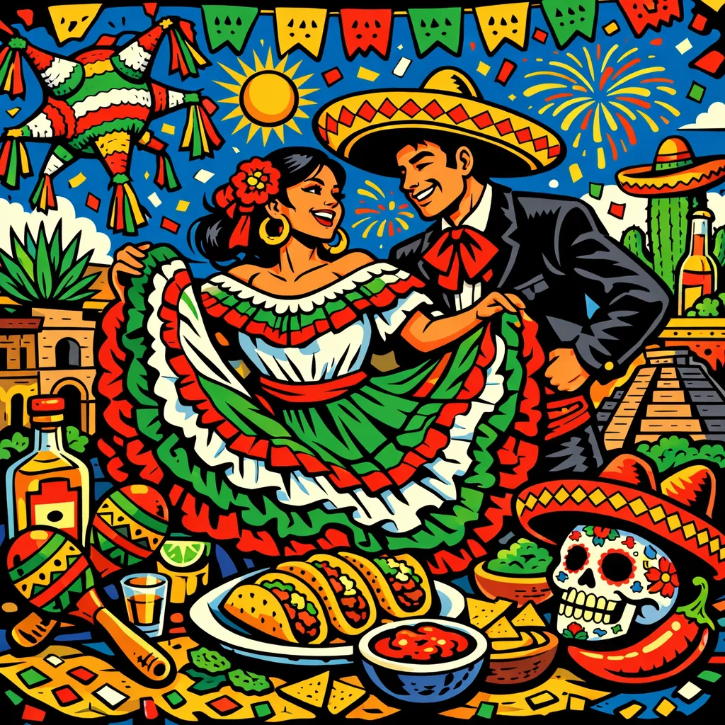 This online jigsaw puzzle features a vibrant Mexican celebration scene you can play right in your browser, blending food, dance, and festive folk art.