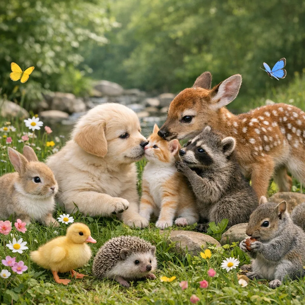 Enjoy an online jigsaw puzzle designed for browser play, featuring an adorable woodland and backyard animal scene that blends nature and cute baby animals.