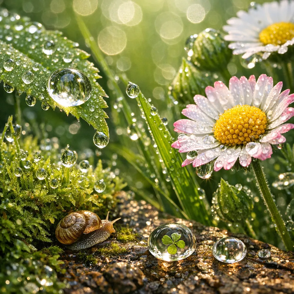 Enjoy an online jigsaw puzzle designed for browser play, featuring a delicate nature scene of dew-kissed daisies, mossy stones, and a tiny snail exploring a mor