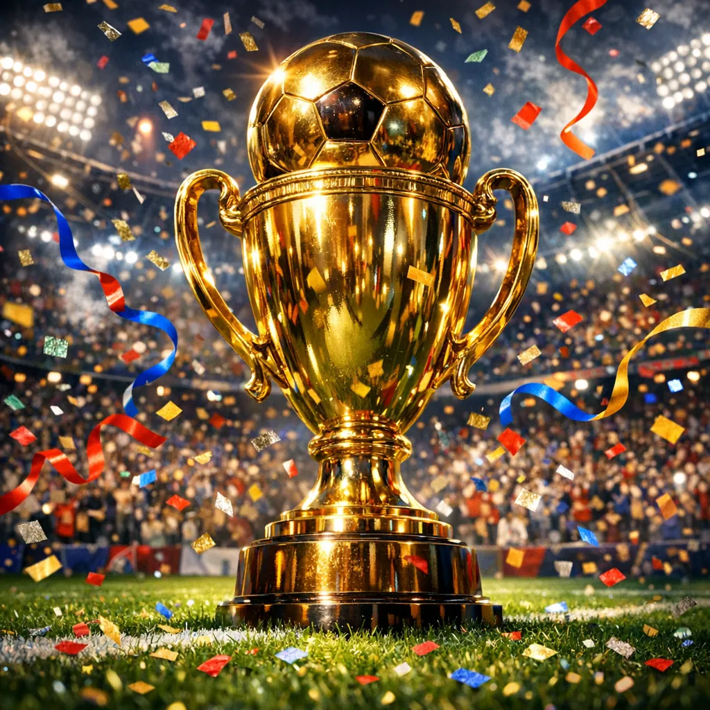Play an online jigsaw puzzle in your browser that shows a gleaming golden trophy at the center of a celebratory stadium scene, perfect for lovers of sports and