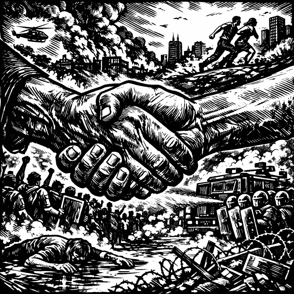 This online jigsaw puzzle features a striking black-and-white illustration that explores themes of urban unrest and solidarity, designed to play smoothly in you