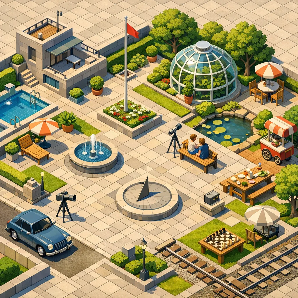 Enjoy an online jigsaw puzzle designed for browser play, featuring a sunny urban plaza filled with garden, water, and leisurely activities.