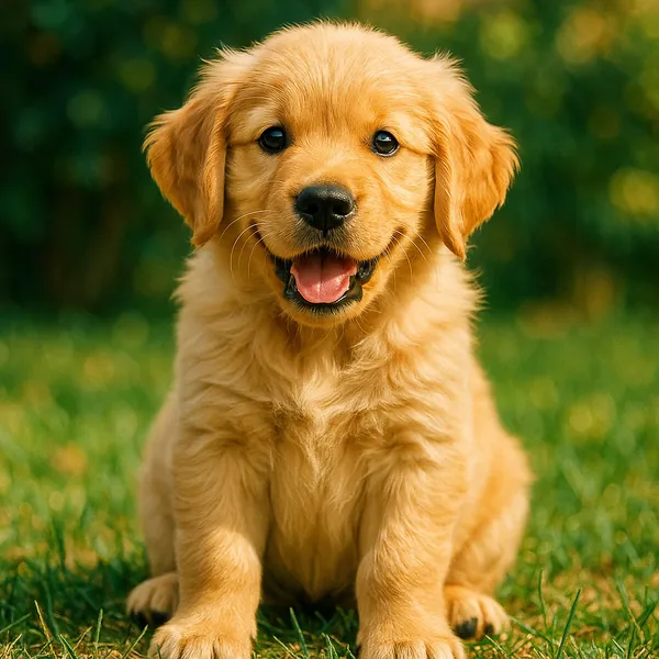 This image features a charming golden retriever puppy sitting on a lush green lawn.