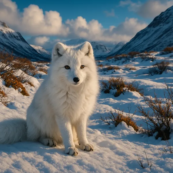 The image captures an arctic fox poised gracefully amidst a vast snowy landscape.
