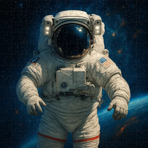 The image depicts an astronaut in a classic white space suit floating in the vastness of space.