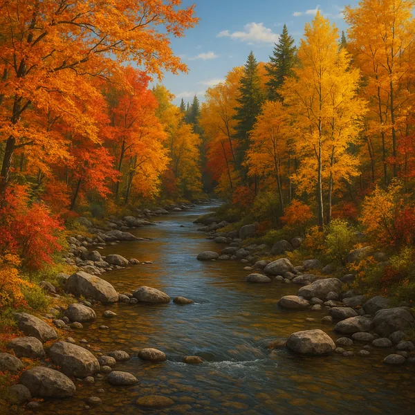A tranquil river meanders through a vibrant autumn forest, showcasing a stunning palette of reds, oranges, and yellows.