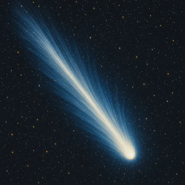 This striking image captures a comet with a bright, luminous tail streaming across a starry night sky.